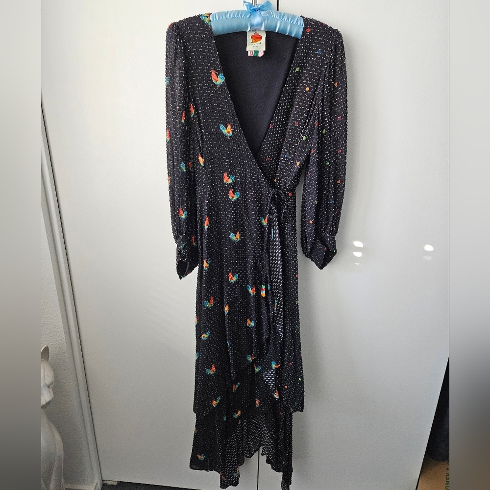 FARM Rio Black Rooster Long Sleeve Dress.  Flat friendly!